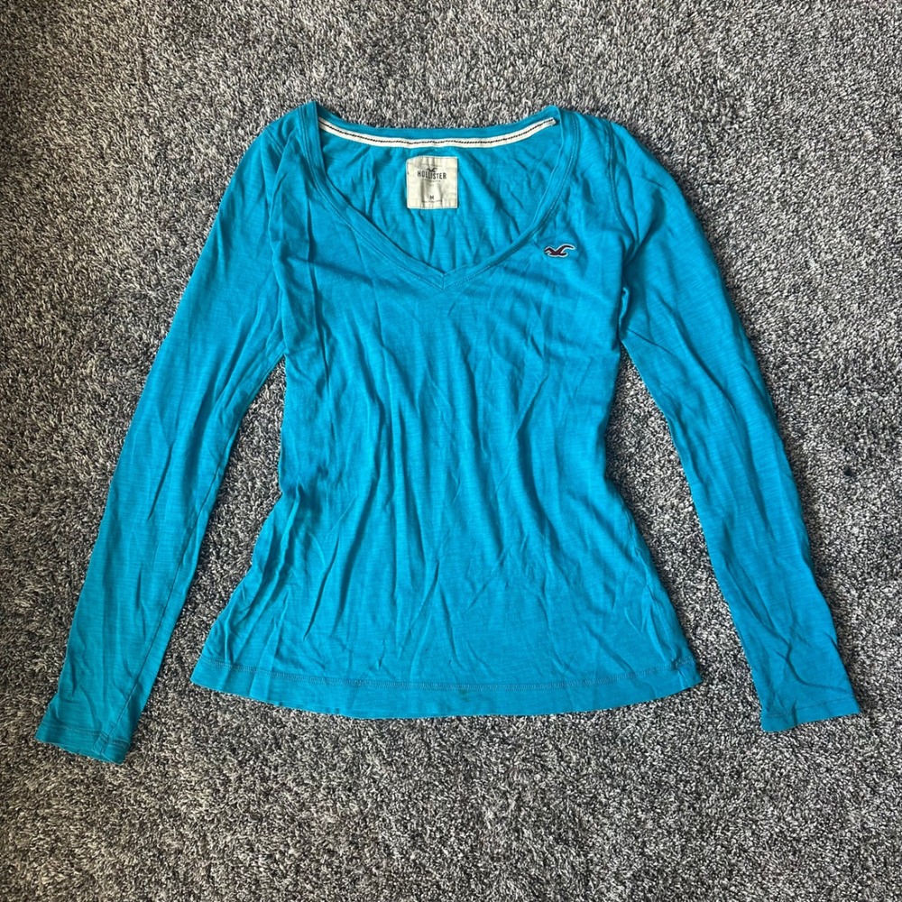 Vintage Hollister Blue Y2K Deep V-neck Long Sleeve Henley Top Size Medium